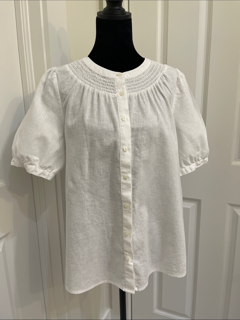 J. Crew White  Linen Smocked Yoke Blouse Size M Gently Worn
